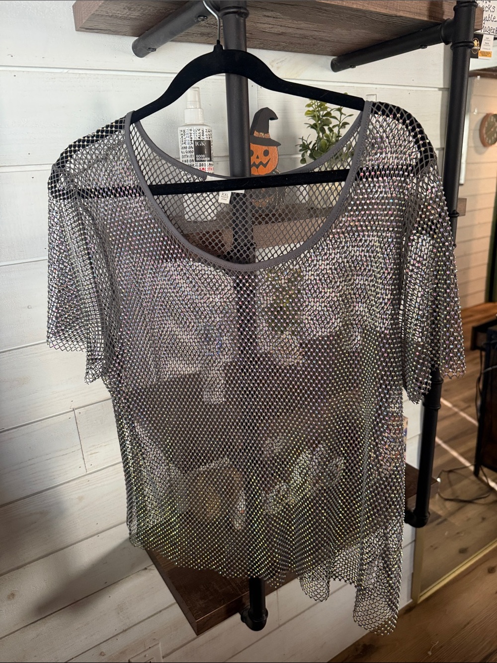 Buckle Sheer Metallic Mesh Short-Sleeve Top - Silver
